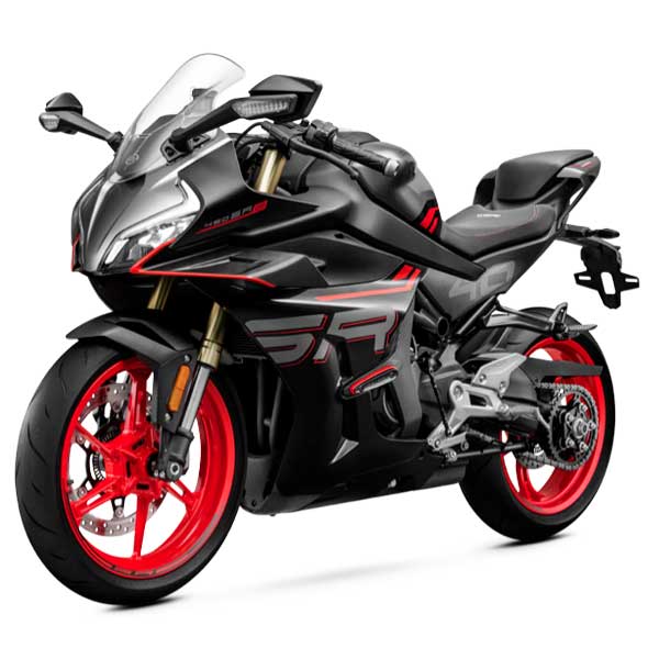 Sportliches Motorrad in Schwarz mit roten Felgen und modernen Designelementen, ideal für leidenschaftliche Fahrer.